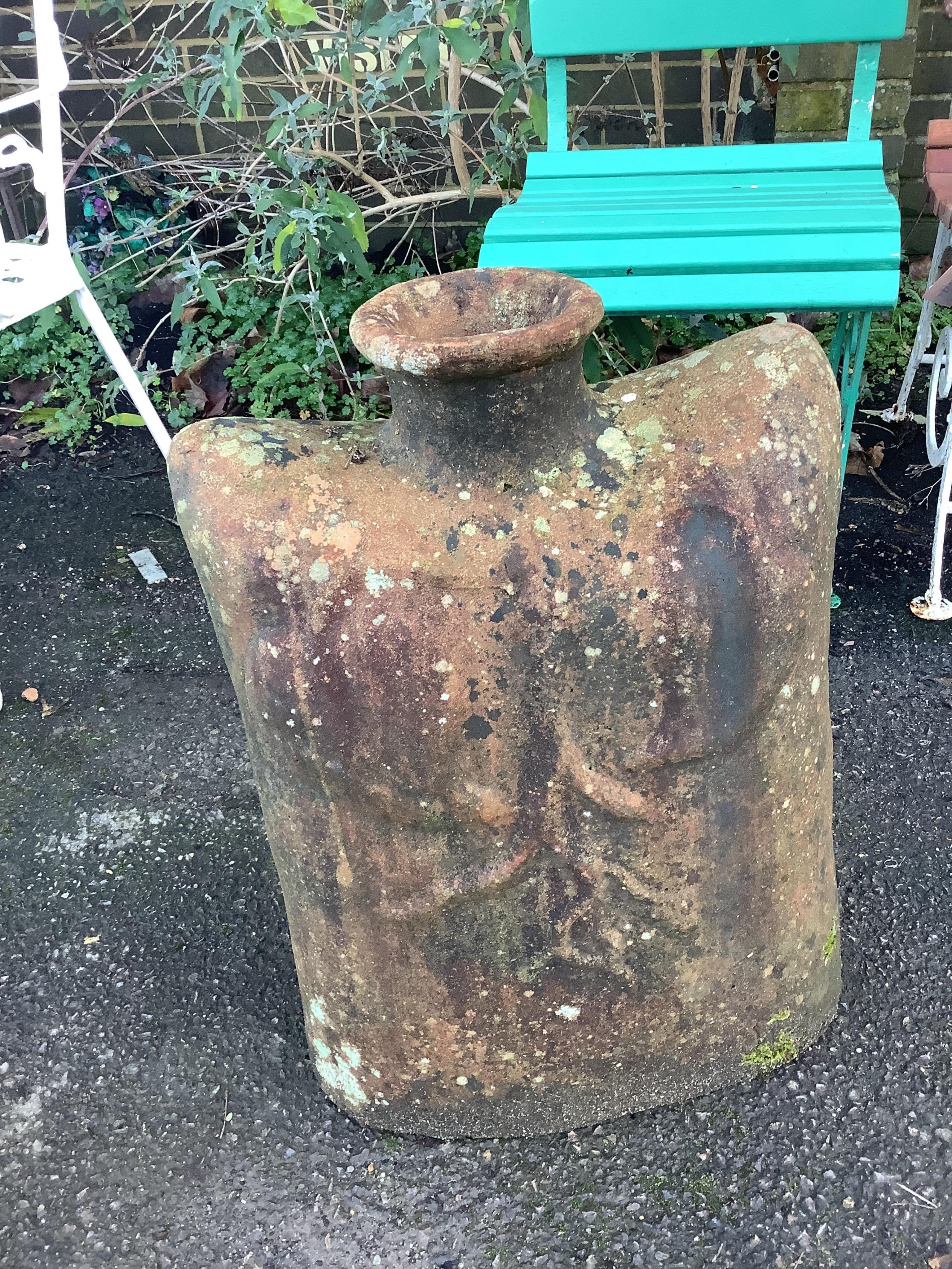 A terracotta flask shaped garden vase, height 62cm. Condition - fair